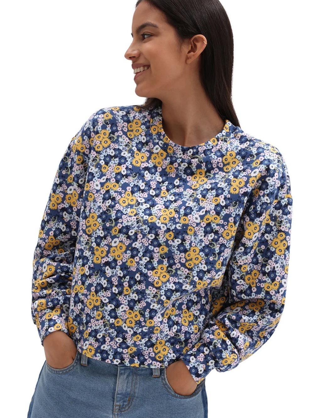 Vans Floral Crop Sweatshirt Women’s Medium Blue Long Sleeve Pullover Cozy